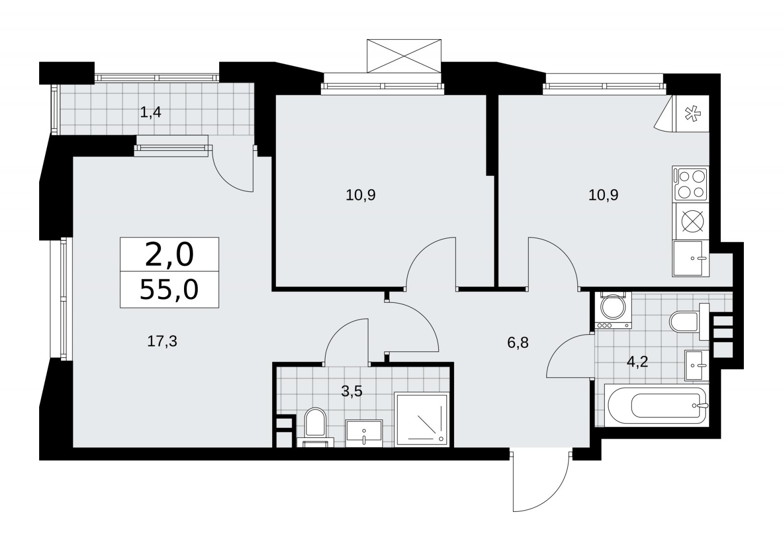 2-комнатная квартира с частичной отделкой, 55 м2, 3 этаж, сдача 1 квартал 2026 г., ЖК Бунинские кварталы, корпус 6.2 - объявление 2252531 - фото №1