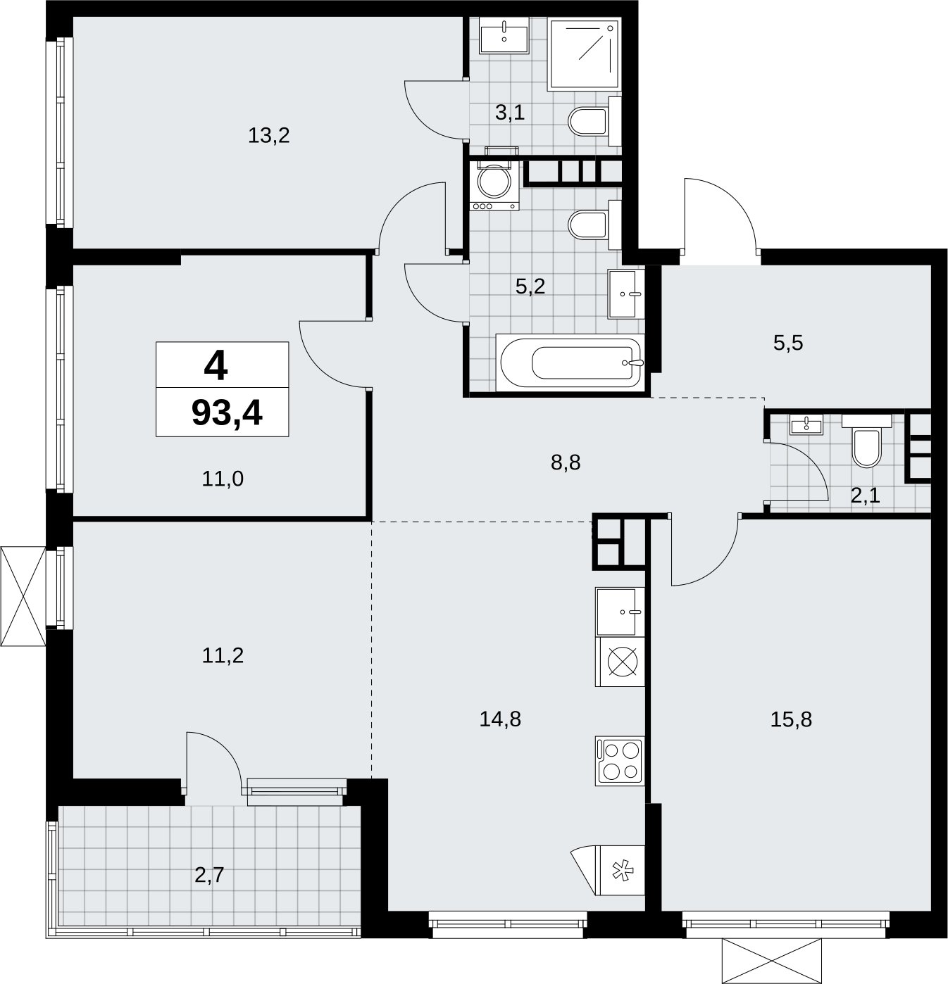 4-комнатная квартира (евро) без отделки, 93.4 м2, 4 этаж, сдача 4 квартал 2026 г., ЖК Скандинавия, корпус 2.18.1.1 - объявление 2350578 - фото №1