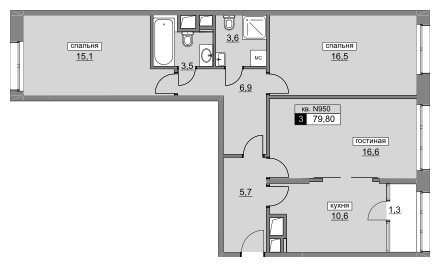 3-комнатная квартира без отделки, 79.8 м2, 4 этаж, сдача 4 квартал 2022 г., ЖК Румянцево-Парк, корпус 3 - объявление 1187666 - фото №1