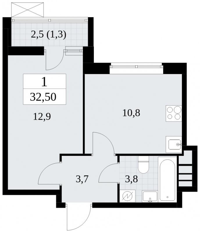 1-комнатная квартира без отделки, 32.5 м2, 17 этаж, сдача 1 квартал 2025 г., ЖК Прокшино, корпус 5.2.5 - объявление 1900977 - фото №1