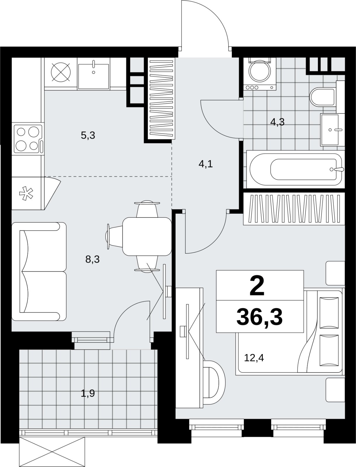 2-комнатная квартира (евро) без отделки, 36.3 м2, 7 этаж, сдача 4 квартал 2026 г., ЖК Скандинавия, корпус 2.18.2.6 - объявление 2351757 - фото №1