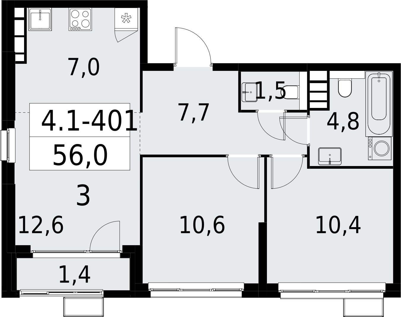 3-комнатная квартира (евро) с полной отделкой, 56 м2, 28 этаж, сдача 2 квартал 2027 г., ЖК Южные сады, корпус 4.1.2 - объявление 2392907 - фото №1