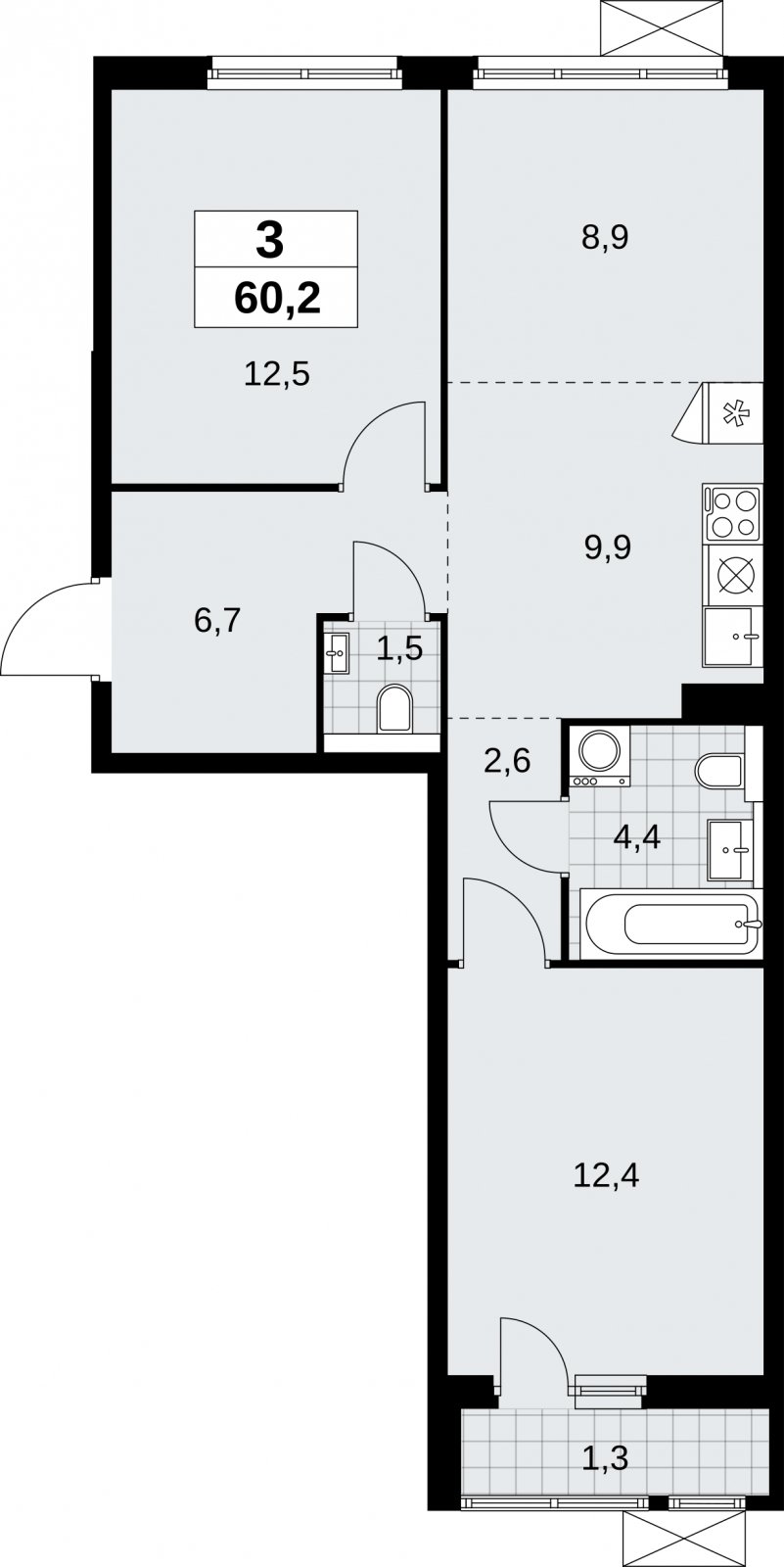 3-комнатная квартира (евро) без отделки, 60.2 м2, 7 этаж, сдача 2 квартал 2026 г., ЖК Бунинские кварталы, корпус 9.1 - объявление 2323974 - фото №1