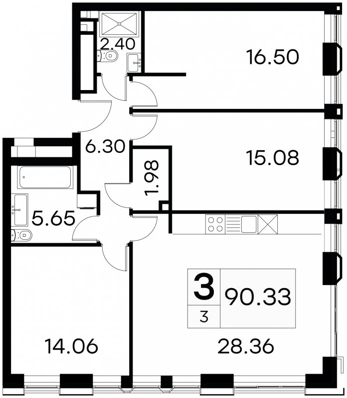 3-комнатные апартаменты с частичной отделкой, 90.33 м2, 2 этаж, сдача 3 квартал 2024 г., ЖК GloraX Aura Белорусская, корпус 1 - объявление 1708675 - фото №1