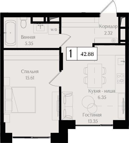 1-комнатная квартира без отделки, 43.4 м2, 9 этаж, сдача 3 квартал 2024 г., ЖК Преображенская площадь, корпус 2 - объявление 2269388 - фото №1