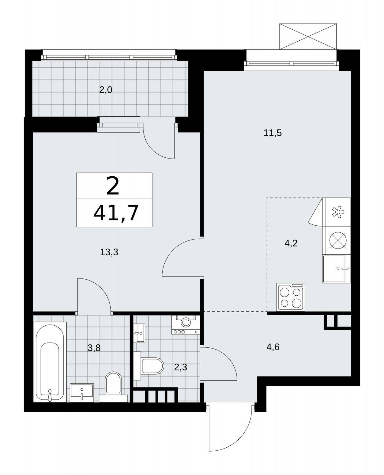 2-комнатная квартира (евро) без отделки, 41.7 м2, 3 этаж, сдача 1 квартал 2026 г., ЖК Дзен-кварталы, корпус 4.3 - объявление 2251735 - фото №1