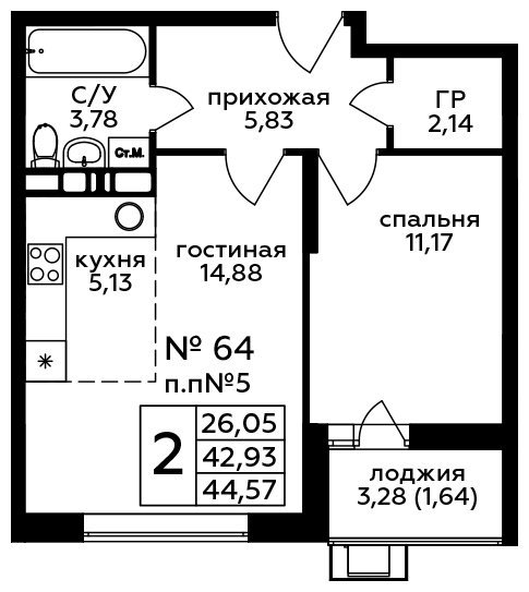 2-комнатная квартира без отделки, 44.57 м2, 7 этаж, сдача 4 квартал 2022 г., ЖК Кленовые Аллеи, корпус 14 - объявление 1297761 - фото №1