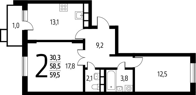 2-комнатная квартира с полной отделкой, 59.5 м2, 9 этаж, сдача 1 квартал 2025 г., ЖК Новые Ватутинки. Заречный, корпус 5/1 - объявление 2272147 - фото №1
