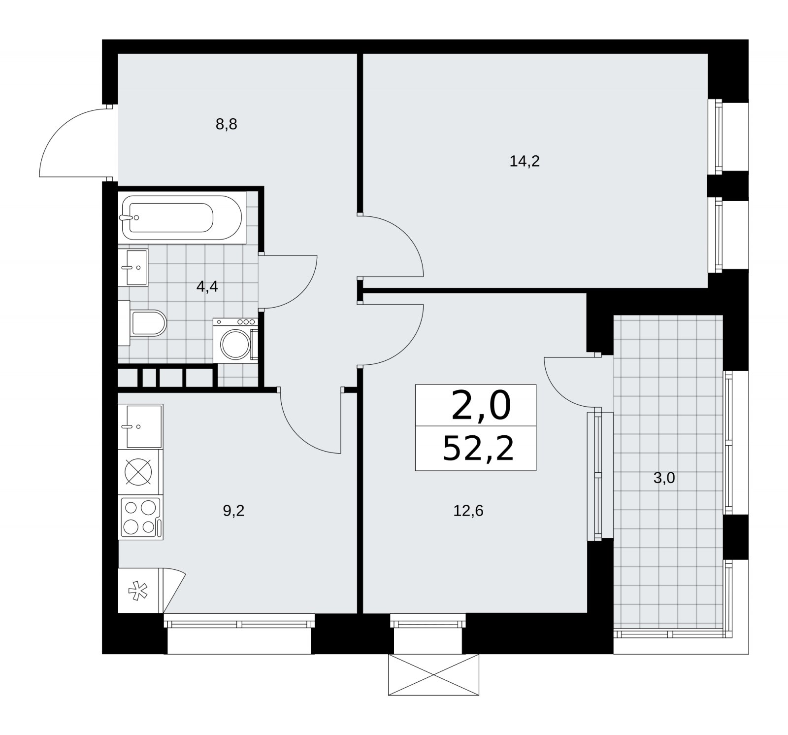 2-комнатная квартира без отделки, 52.2 м2, 13 этаж, сдача 4 квартал 2025 г., ЖК Бунинские кварталы, корпус 6.5 - объявление 2252846 - фото №1