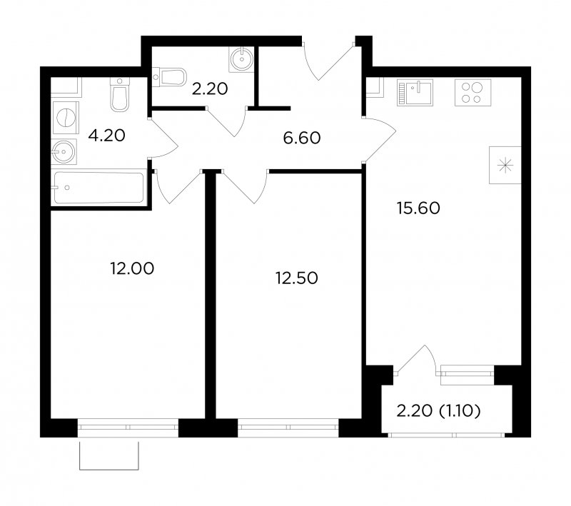 2-комнатная квартира без отделки, 54.2 м2, 6 этаж, сдача 1 квартал 2024 г., ЖК Миловидное, корпус 1 - объявление 1746645 - фото №1