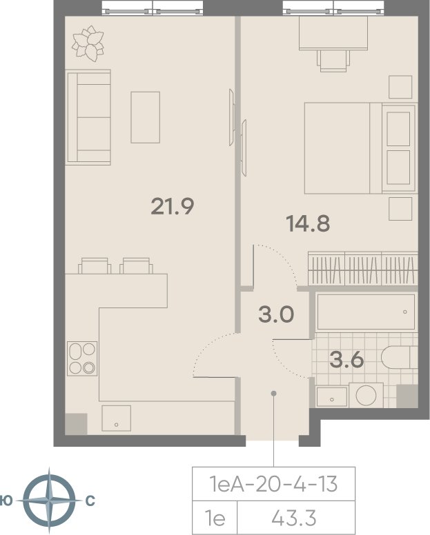 1-комнатная квартира 43.3 м2, 10 этаж, сдача 3 квартал 2025 г., ЖК Парксайд, корпус 1 - объявление 2184991 - фото №1