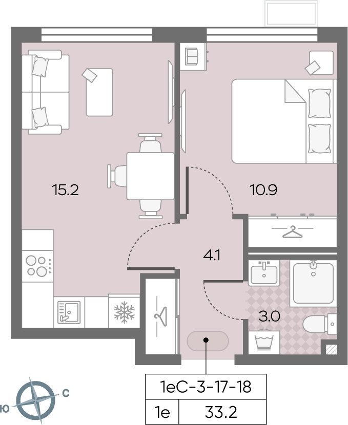 1-комнатная квартира с полной отделкой, 33.2 м2, 18 этаж, сдача 3 квартал 2024 г., ЖК Лучи, корпус 15 - объявление 2184342 - фото №1