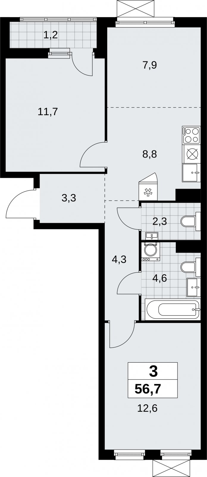 3-комнатная квартира (евро) без отделки, 56.7 м2, 3 этаж, сдача 1 квартал 2026 г., ЖК Дзен-кварталы, корпус 6.2.1 - объявление 2328401 - фото №1
