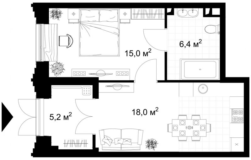 1-комнатная квартира без отделки, 44.6 м2, 1 этаж, сдача 4 квартал 2022 г., ЖК Kazakov Grand Loft, корпус 1 - объявление 1686225 - фото №1