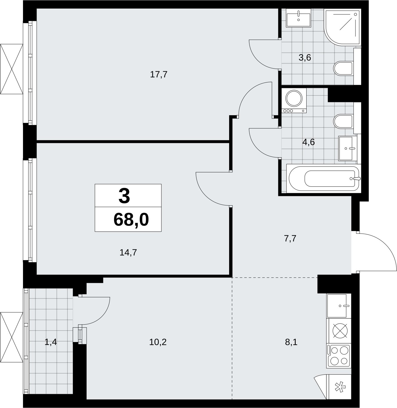 3-комнатная квартира (евро) без отделки, 68 м2, 15 этаж, сдача 2 квартал 2026 г., ЖК Бунинские кварталы, корпус 9.2 - объявление 2324274 - фото №1