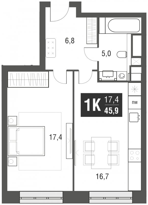 1-комнатная квартира с частичной отделкой, 45.9 м2, 13 этаж, сдача 2 квартал 2024 г., ЖК AFI Tower, корпус 1 - объявление 1930899 - фото №1