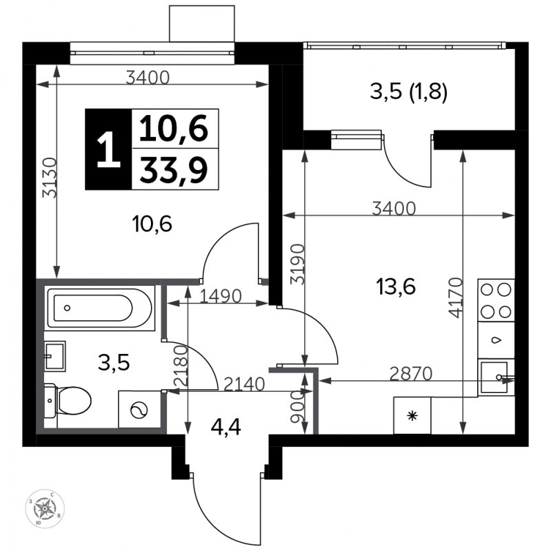 1-комнатная квартира с частичной отделкой, 33.9 м2, 7 этаж, сдача 3 квартал 2023 г., ЖК Южная Битца, корпус 11 - объявление 1972915 - фото №1
