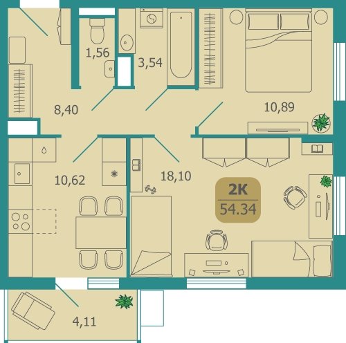 2-комнатная квартира без отделки, 54.34 м2, 8 этаж, сдача 2 квартал 2025 г., ЖК Десятка, корпус 7 - объявление 2133160 - фото №1