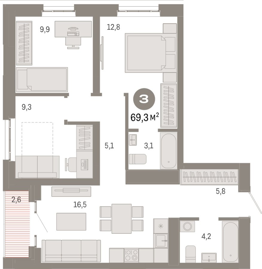3-комнатная квартира с частичной отделкой, 69.3 м2, 4 этаж, сдача 3 квартал 2026 г., ЖК Квартал Метроном, корпус 1 - объявление 2317086 - фото №1