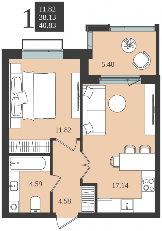 1-комнатная квартира без отделки, 40.83 м2, 5 этаж, сдача 1 квартал 2024 г., ЖК Мишино-2, корпус 10 - объявление 1761394 - фото №1