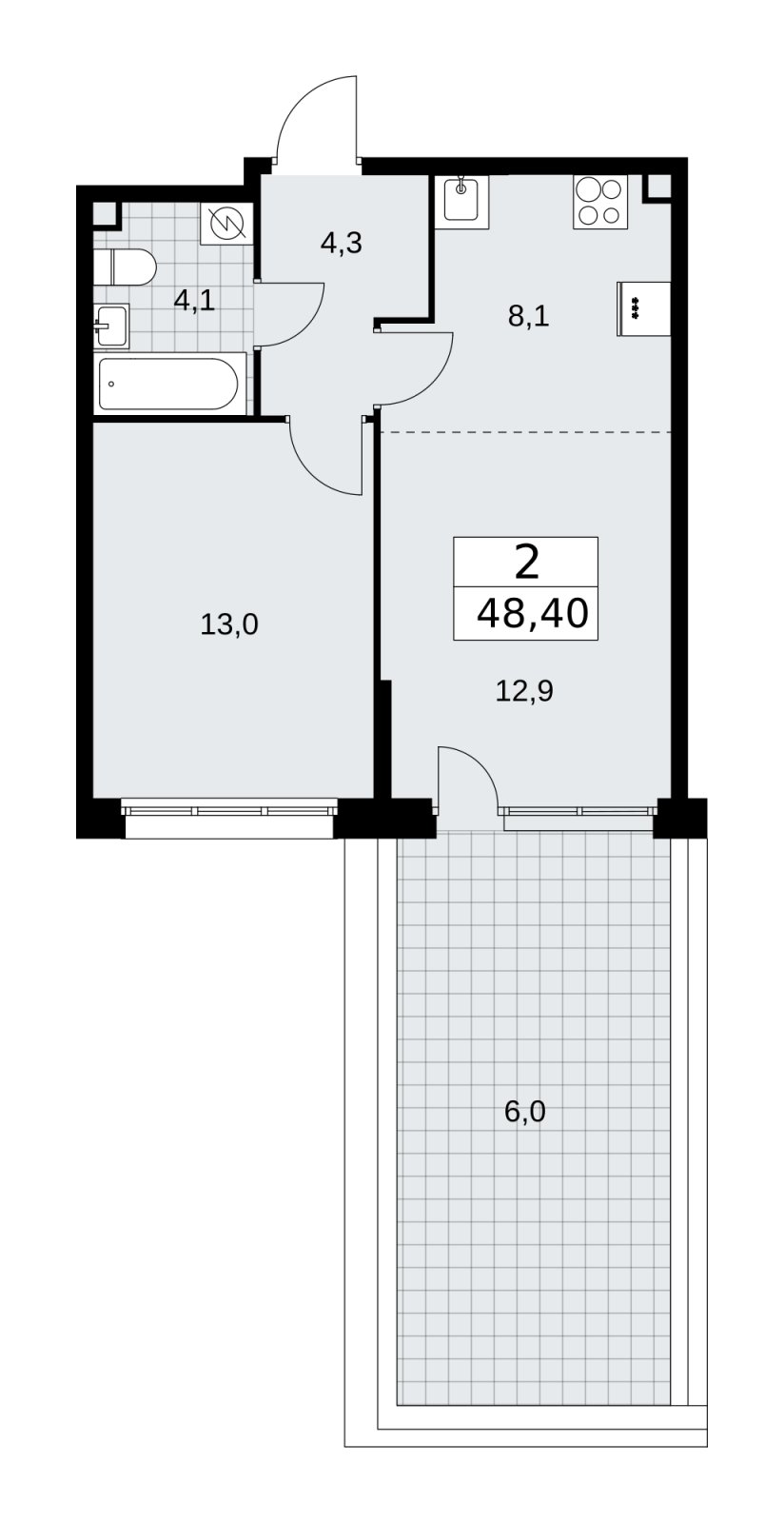 2-комнатная квартира (евро) без отделки, 48.4 м2, 2 этаж, сдача 3 квартал 2025 г., ЖК Бунинские кварталы, корпус 3.1 - объявление 2151763 - фото №1