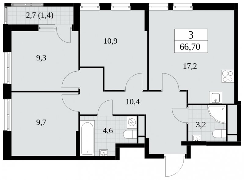 3-комнатная квартира с частичной отделкой, 66.7 м2, 9 этаж, сдача 2 квартал 2025 г., ЖК Южные сады, корпус 2.1 - объявление 1760133 - фото №1