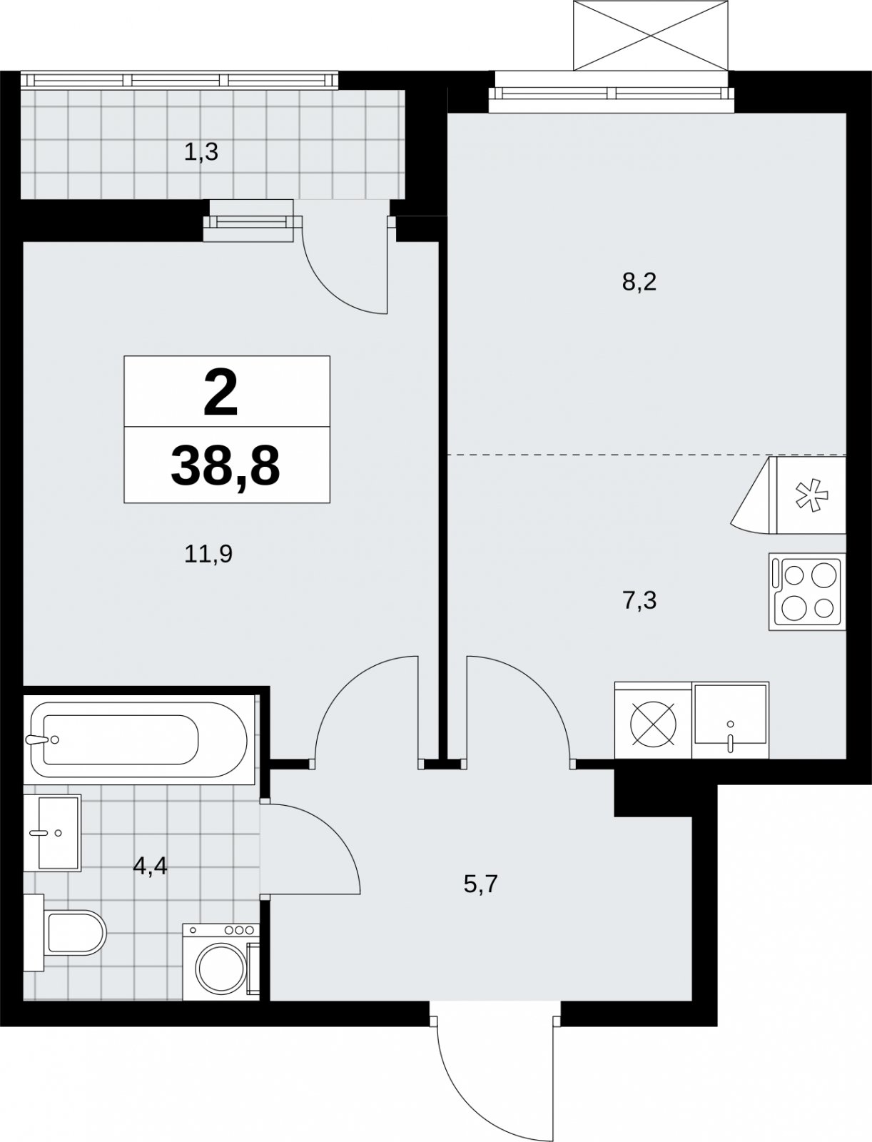 2-комнатная квартира (евро) без отделки, 38.8 м2, 3 этаж, сдача 1 квартал 2026 г., ЖК Дзен-кварталы, корпус 6.2.1 - объявление 2328352 - фото №1