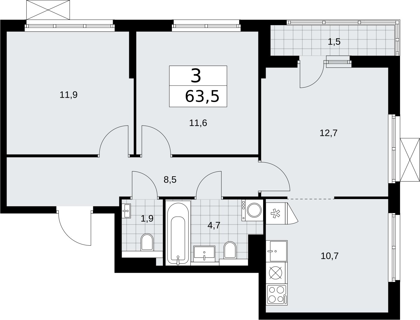 3-комнатная квартира с полной отделкой, 63.5 м2, 3 этаж, сдача 2 квартал 2026 г., ЖК Бунинские кварталы, корпус 7.1 - объявление 2319563 - фото №1