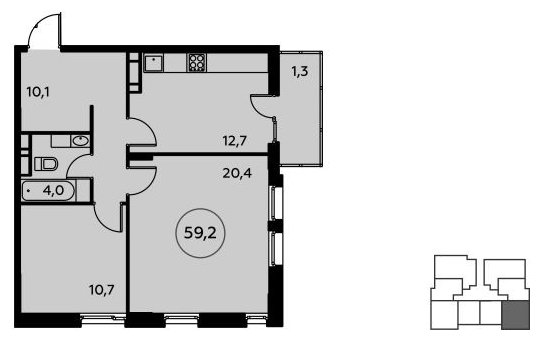 2-комнатная квартира без отделки, 59.2 м2, 11 этаж, сдача 3 квартал 2022 г., ЖК Скандинавия, корпус 17.4 - объявление 1516038 - фото №1