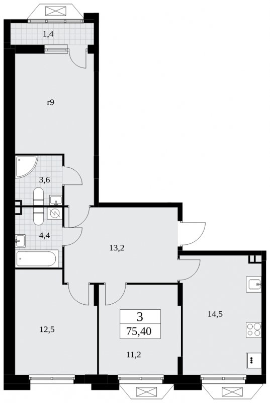 3-комнатная квартира без отделки, 75.4 м2, 3 этаж, сдача 1 квартал 2025 г., ЖК Бунинские кварталы, корпус 1.3 - объявление 1834783 - фото №1