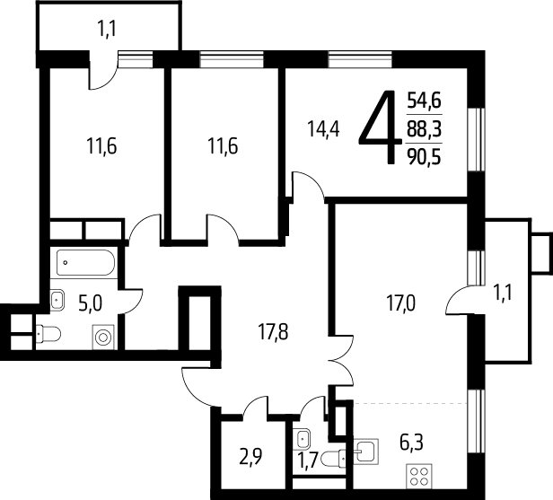 4-комнатная квартира (евро) с полной отделкой, 90.5 м2, 8 этаж, сдача 1 квартал 2025 г., ЖК Новые Ватутинки. Заречный, корпус 5/2 - объявление 2372388 - фото №1