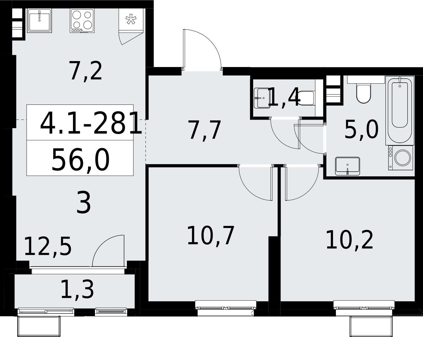 3-комнатная квартира (евро) с полной отделкой, 56 м2, 4 этаж, сдача 2 квартал 2027 г., ЖК Южные сады, корпус 4.1.2 - объявление 2392792 - фото №1