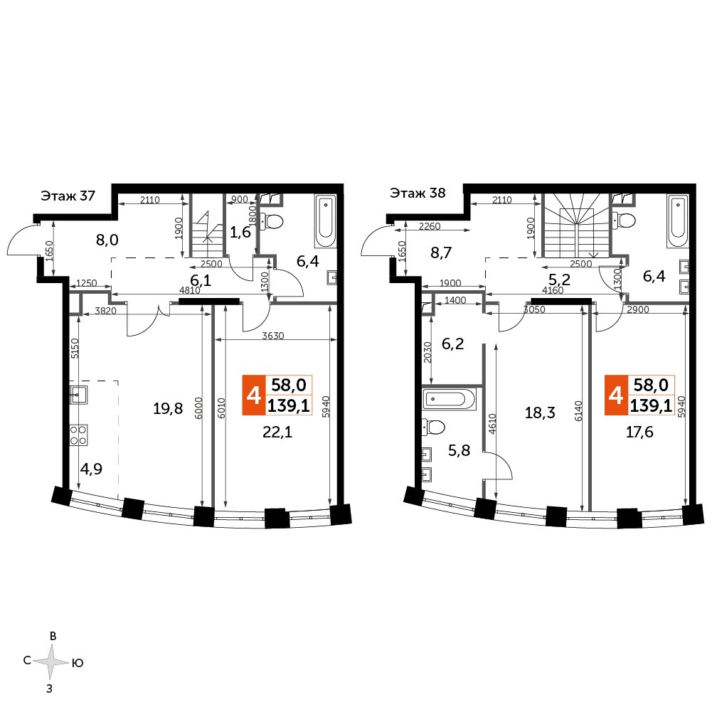 3-комнатная квартира без отделки, 139.1 м2, 37 этаж, сдача 3 квартал 2024 г., ЖК Sydney City, корпус 2.2 - объявление 2260121 - фото №1