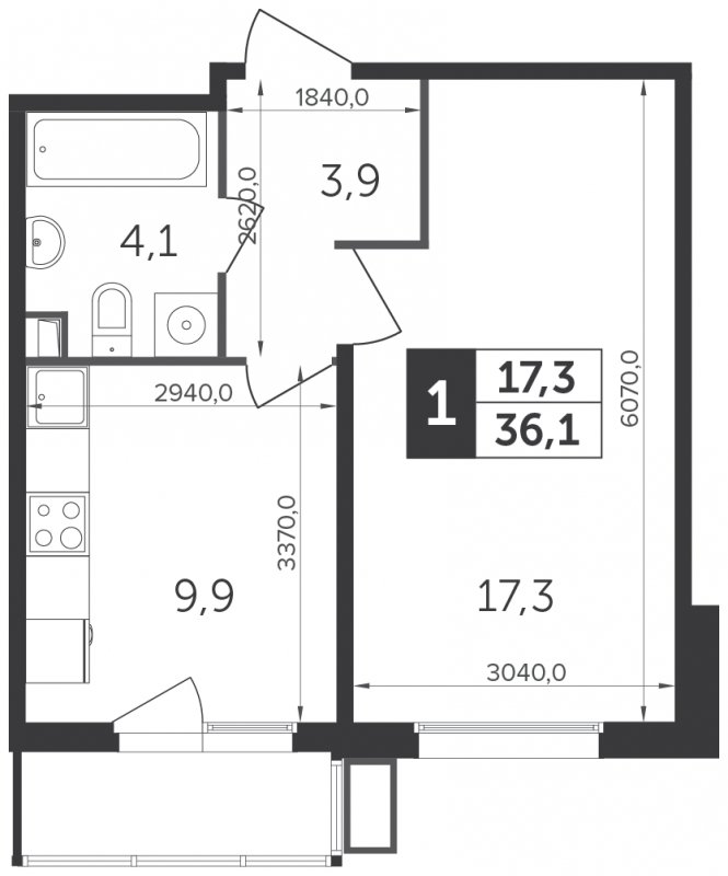 1-комнатная квартира с частичной отделкой, 36.1 м2, 22 этаж, дом сдан, ЖК Датский квартал, корпус 1 - объявление 2266978 - фото №1