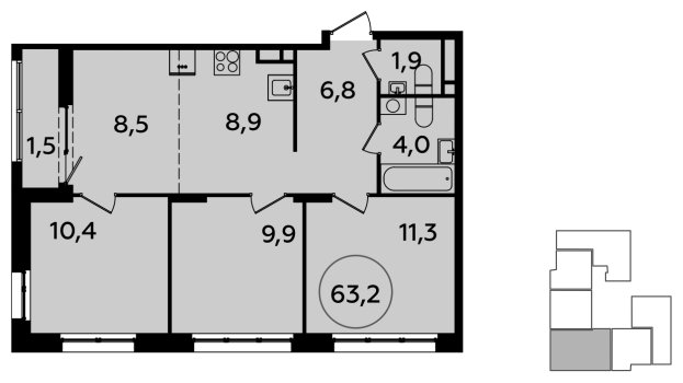 4-комнатная квартира (евро) с полной отделкой, 63.2 м2, 3 этаж, сдача 2 квартал 2024 г., ЖК Испанские кварталы, корпус 8.2 - объявление 1633657 - фото №1