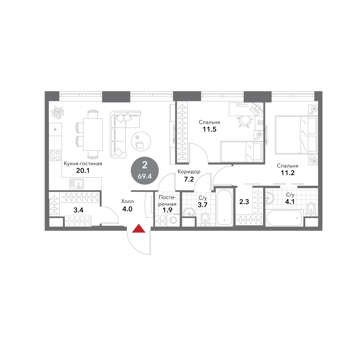 2-комнатная квартира без отделки, 69.4 м2, 2 этаж, сдача 3 квартал 2025 г., ЖК VOXHALL, корпус 2 - объявление 1981833 - фото №1