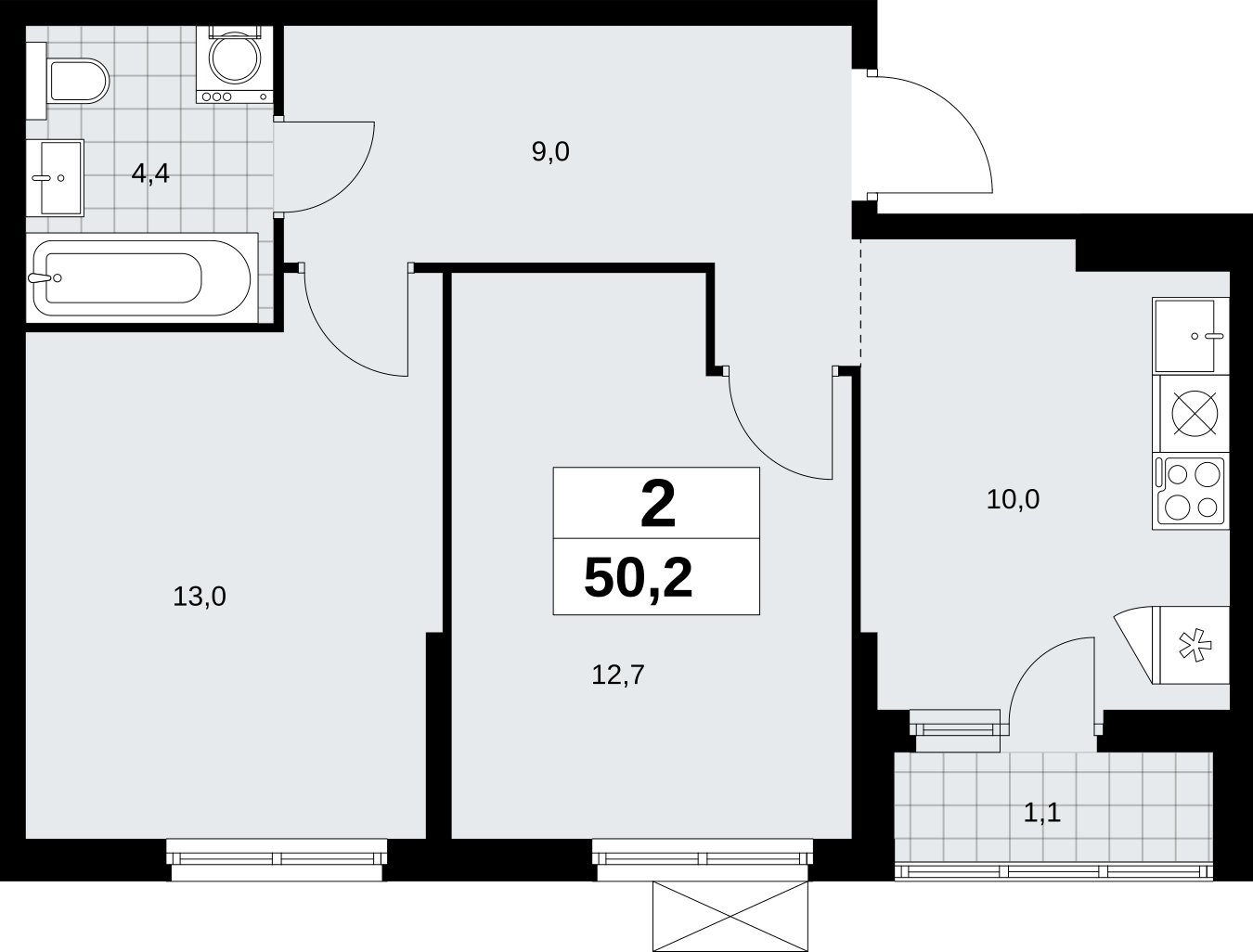 2-комнатная квартира без отделки, 50.2 м2, 12 этаж, сдача 2 квартал 2026 г., ЖК Дзен-кварталы, корпус 6.1.1 - объявление 2327196 - фото №1