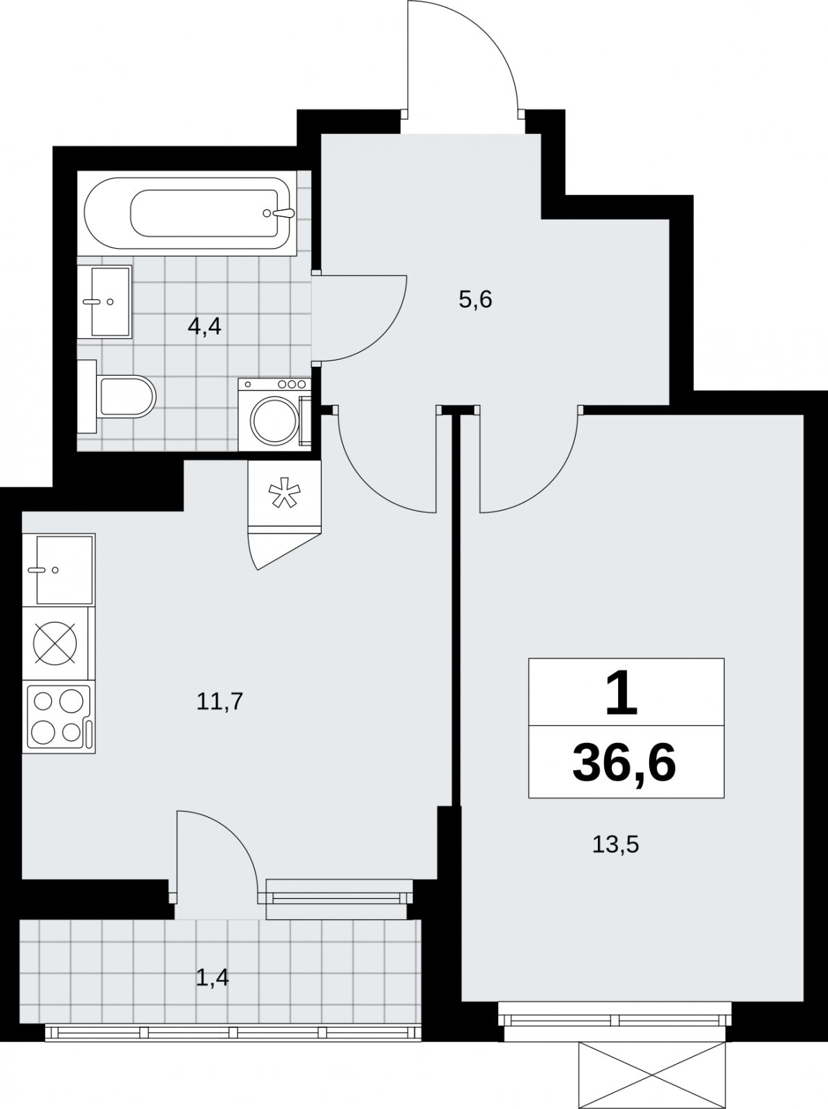 1-комнатная квартира без отделки, 36.6 м2, 10 этаж, сдача 1 квартал 2026 г., ЖК Дзен-кварталы, корпус 6.2.1 - объявление 2328438 - фото №1