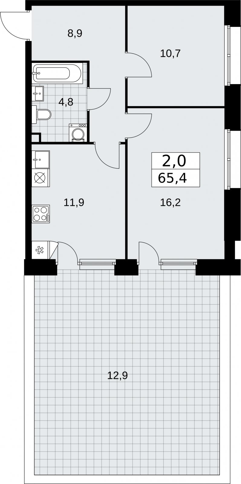2-комнатная квартира с частичной отделкой, 65.4 м2, 2 этаж, сдача 1 квартал 2026 г., ЖК Бунинские кварталы, корпус 6.3 - объявление 2334153 - фото №1