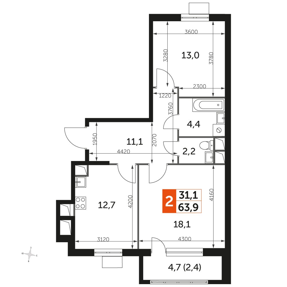 2-комнатная квартира без отделки, 63.8 м2, 13 этаж, дом сдан, ЖК UP-квартал Римский, корпус 7 - объявление 2353884 - фото №1