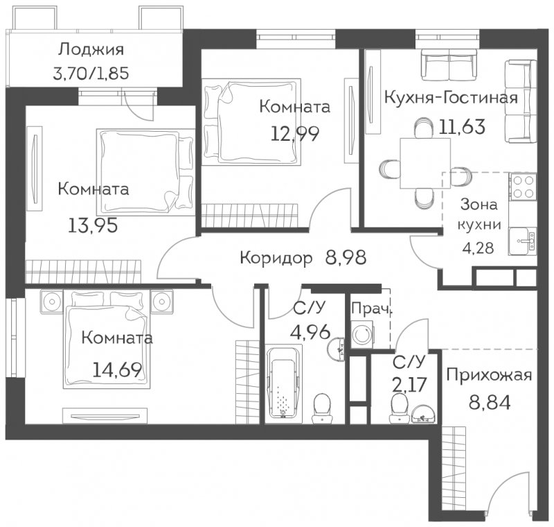 4-комнатная квартира (евро) с частичной отделкой, 84.34 м2, 20 этаж, сдача 2 квартал 2022 г., ЖК Аквилон Митино, корпус 2 - объявление 1320549 - фото №1