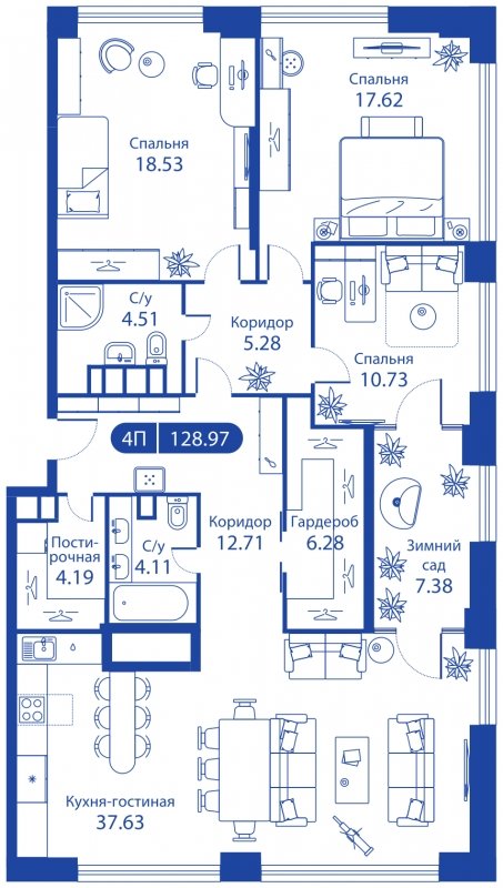 4-комнатная квартира без отделки, 127.9 м2, 34 этаж, дом сдан, ЖК iLove, корпус 1 - объявление 1801986 - фото №1