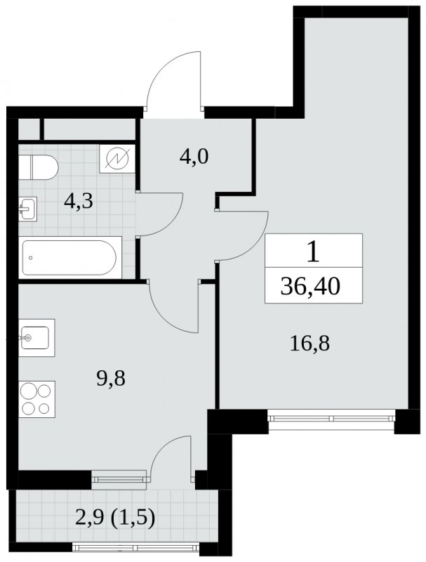 1-комнатная квартира с частичной отделкой, 36.4 м2, 12 этаж, сдача 2 квартал 2025 г., ЖК Южные сады, корпус 2.1 - объявление 1760147 - фото №1