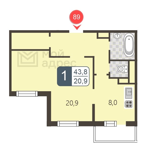 1-комнатная квартира с полной отделкой, 43.8 м2, 9 этаж, дом сдан, ЖК мой адрес В Зеленограде, корпус 2044 - объявление 1714303 - фото №1