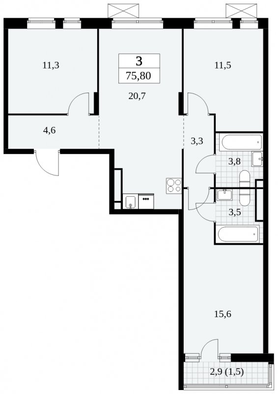 3-комнатная квартира без отделки, 75.8 м2, 11 этаж, сдача 2 квартал 2024 г., ЖК Прокшино, корпус 6.2 - объявление 1662894 - фото №1