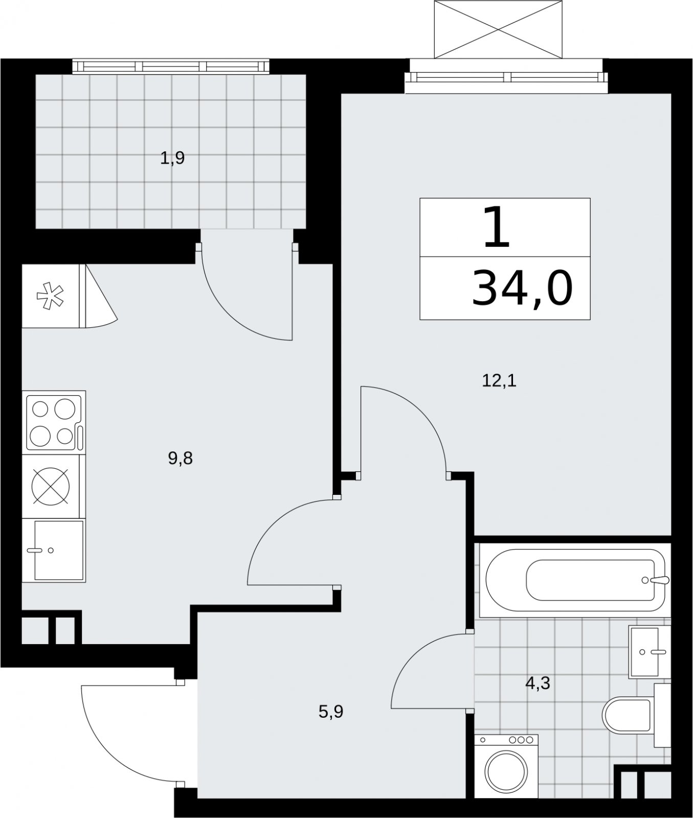 1-комнатная квартира без отделки, 34 м2, 3 этаж, сдача 2 квартал 2026 г., ЖК Бунинские кварталы, корпус 5.3 - объявление 2297512 - фото №1