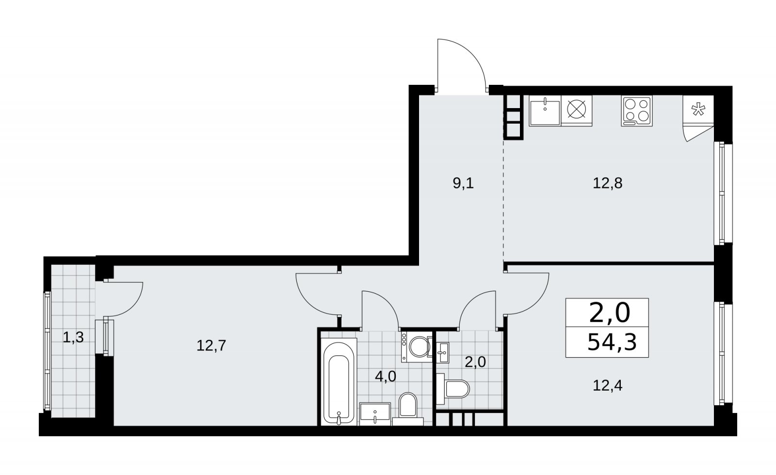 2-комнатная квартира без отделки, 54.3 м2, 8 этаж, сдача 1 квартал 2026 г., ЖК Дзен-кварталы, корпус 3.2 - объявление 2241628 - фото №1