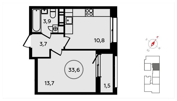 1-комнатная квартира с частичной отделкой, 33.6 м2, 5 этаж, сдача 3 квартал 2024 г., ЖК Скандинавия, корпус 22.3 - объявление 1625566 - фото №1