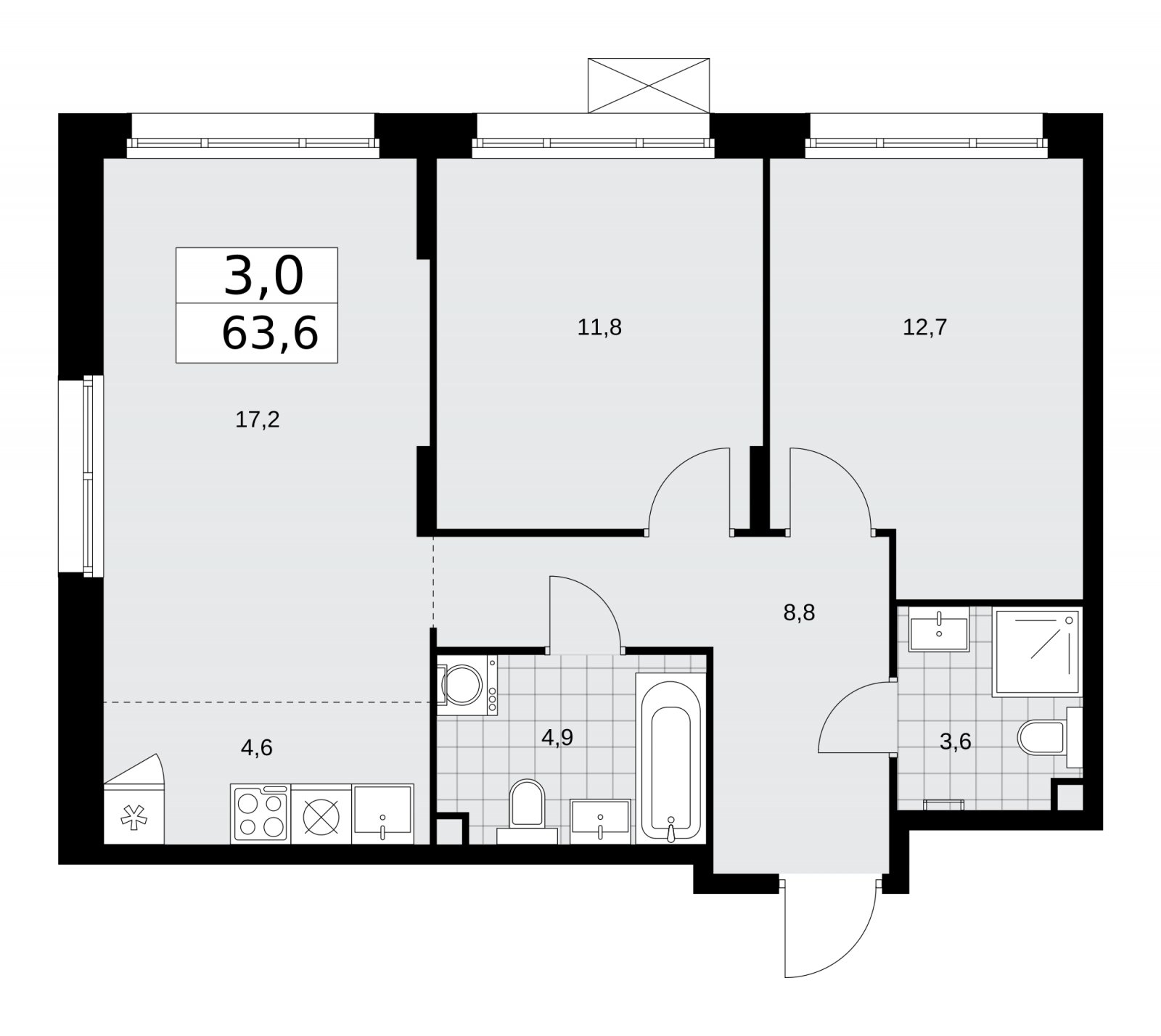 3-комнатная квартира (евро) с частичной отделкой, 63.6 м2, 2 этаж, сдача 2 квартал 2026 г., ЖК Прокшино, корпус 10.1.5 - объявление 2227582 - фото №1