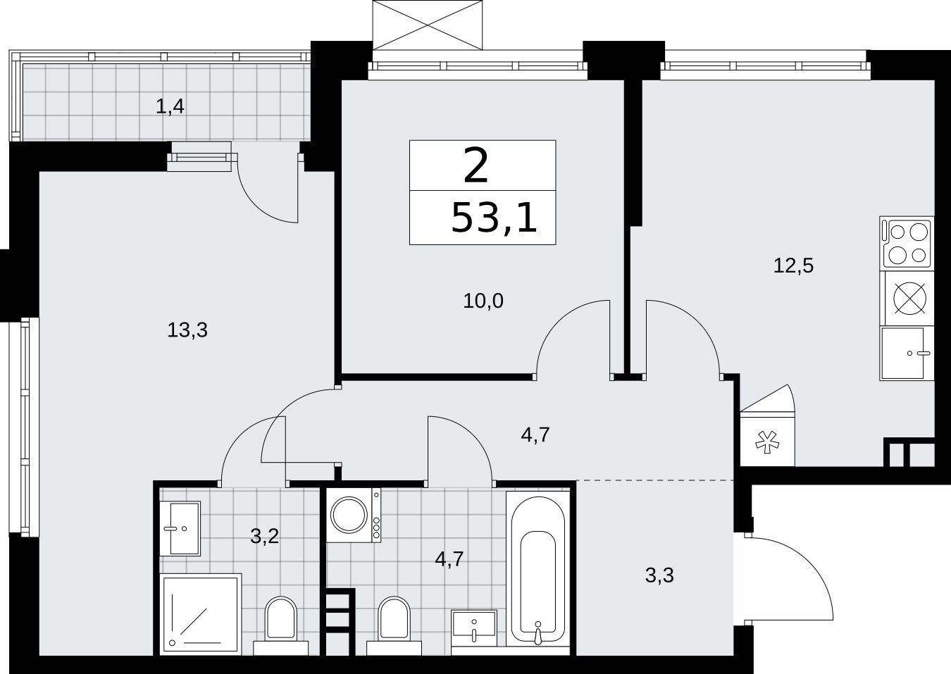 2-комнатная квартира без отделки, 53.1 м2, 3 этаж, сдача 2 квартал 2026 г., ЖК Бунинские кварталы, корпус 5.4 - объявление 2297680 - фото №1